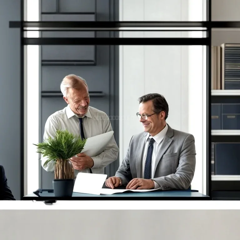 Elder legal advisor consulting respectfully with an older client at an office branded ElderHubLegal